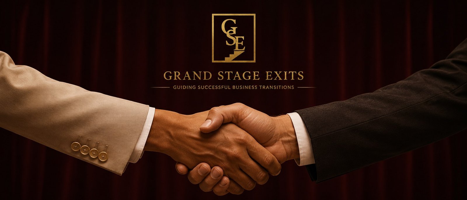 Grand Stage Exits — two business partners shaking hands in front of a maroon curtain, beneath the Grand Stage Exits logo and the tagline 'Guiding Successful Business Transitions'